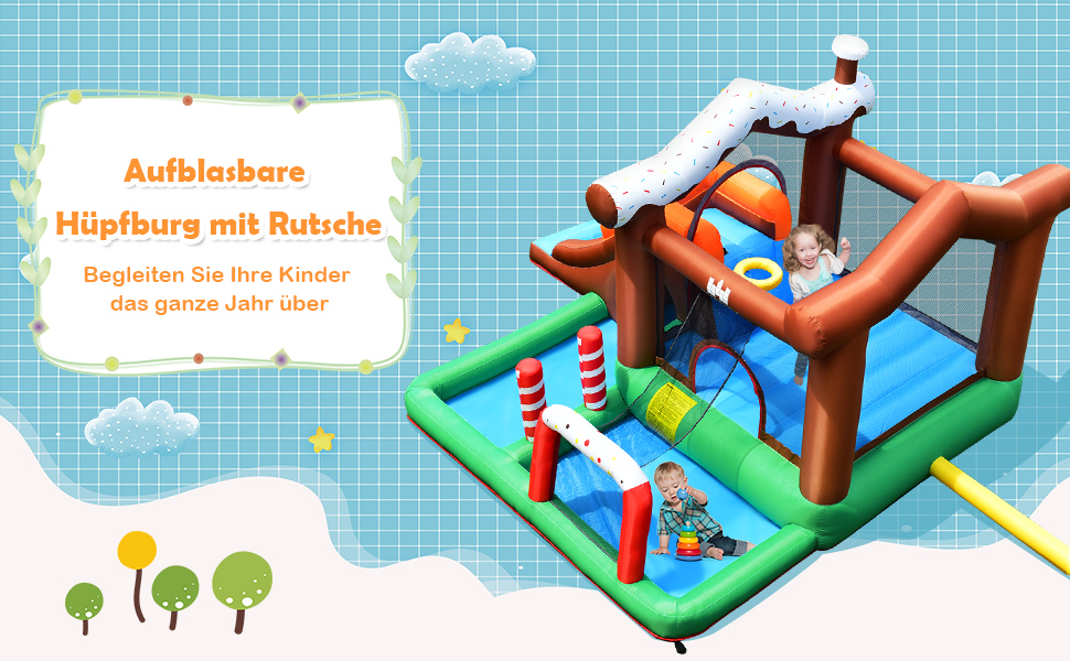 Aufblasbare Hüpfburg Springburg mit Wasserbecken Hüpfburg mit Rutsche 390 x  335 x 220 cm - Costway