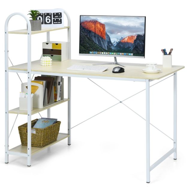 Computertisch mit Ablagefläche mit verstellbaren Untersetzern Bürotisch  Homeoffice-Schreibtisch Weiß - Costway