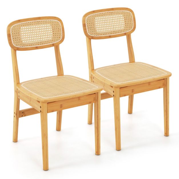 Rattan-Esszimmerstühle 2er simulierter & Holzgestell & Costway Rattan-Rückenlehne Filzfußmatten Set mit Mid-Century-Stil -