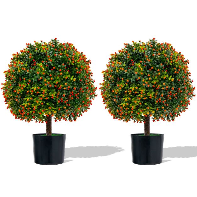 2er Set 55 cm Kunstpflanze Buchsbaum - Kugelbaum Topf Früchten & Orange Costway + Grün Topiary mit