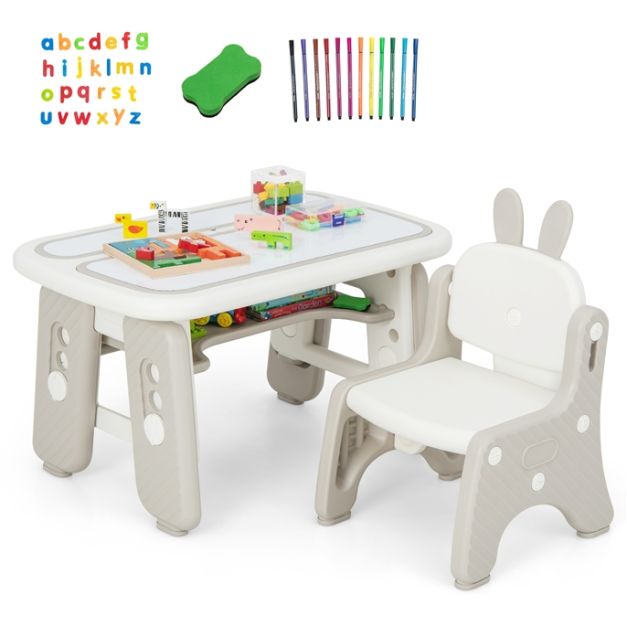 Kindertisch- und Stuhlset Kunsttisch und Stuhl für Kleinkinder mit  aufklappbarem Bücherregal Grau - Costway