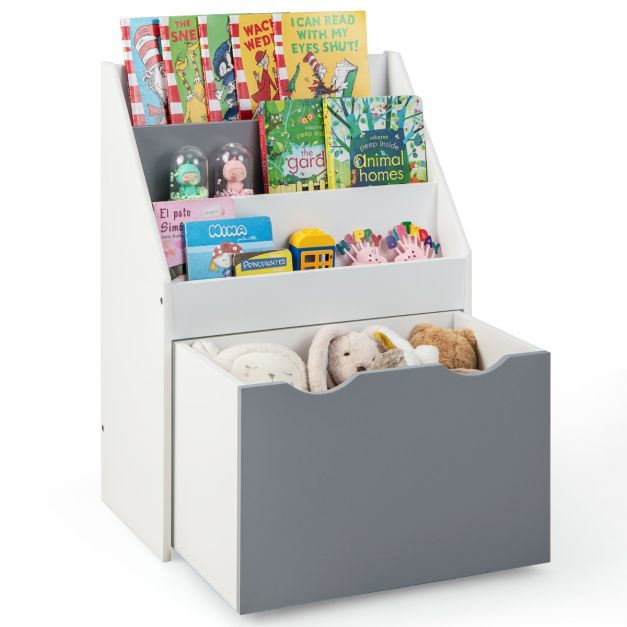 Kinderregal mit 3 Ablagen & + Rollender Weiß Grau - Spielzeugkiste Bücherregal Kinder Costway