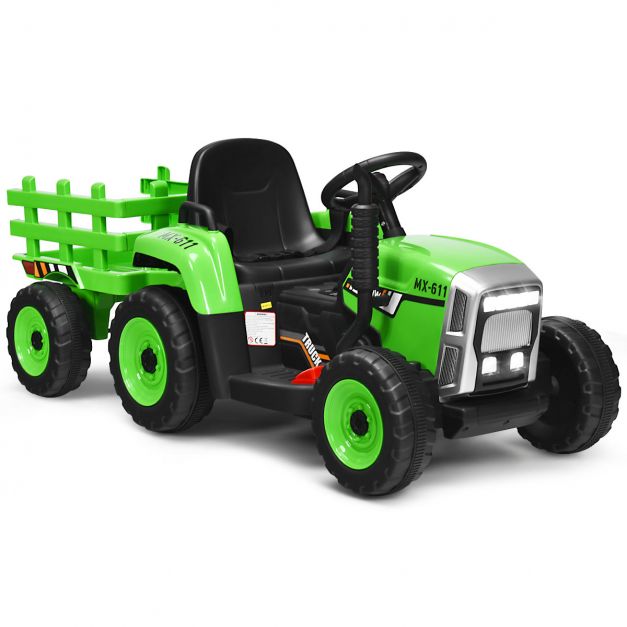 3-Gang Kinder Traktor 12V Aufsitztraktor mit abnehmbarem Anhänger Grün -  Costway