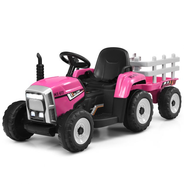 12V Kinder-Traktor mit Anhänger elektrisches Spielzeugauto 135 x 51 x 53 cm  Rosa - Costway